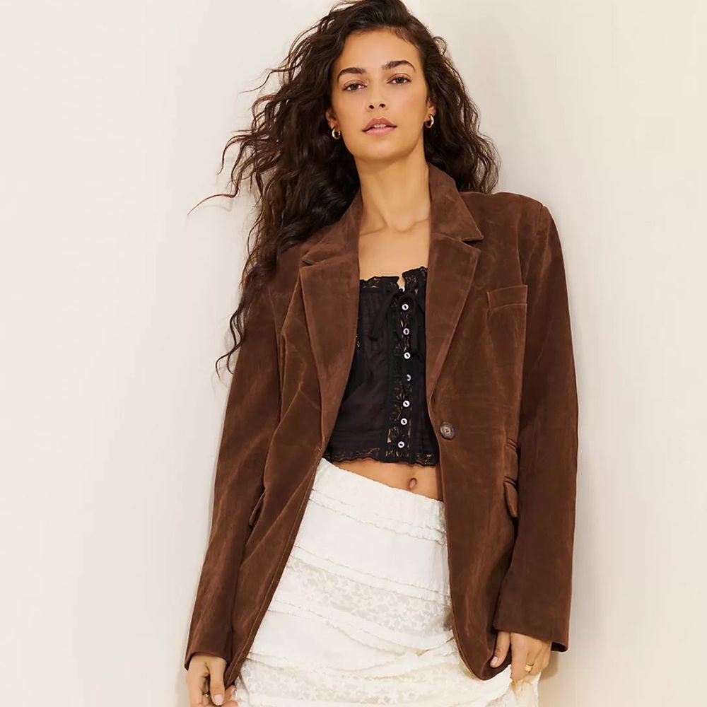 Free People Paper Cut Vegan Suede Blazer Medium Brown New With Tags